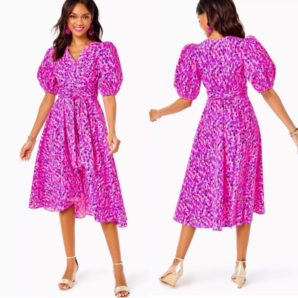 Lilly Pulitzer Juney Elbow Sleeve Cotton Midi Dress Size 14 Spotted in Love